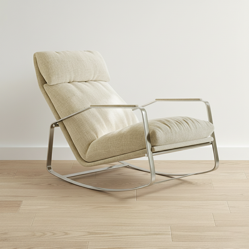 Modern Mid-century Chenille Stainless Steel Sponge Down Curved Rocking Chair Backrest Armrest For Living Room