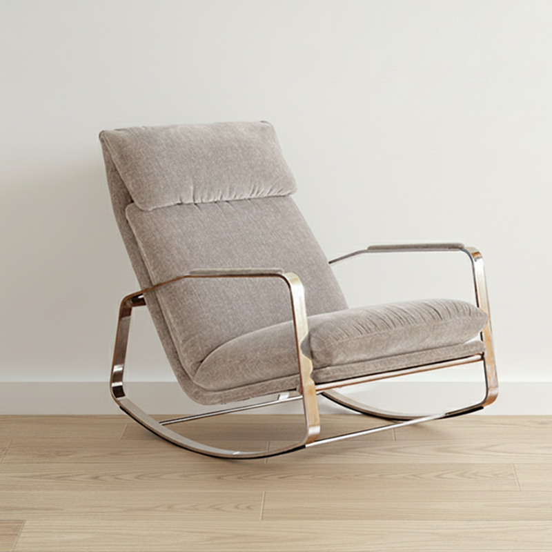Modern Mid-century Chenille Stainless Steel Sponge Down Curved Rocking Chair Backrest Armrest For Living Room