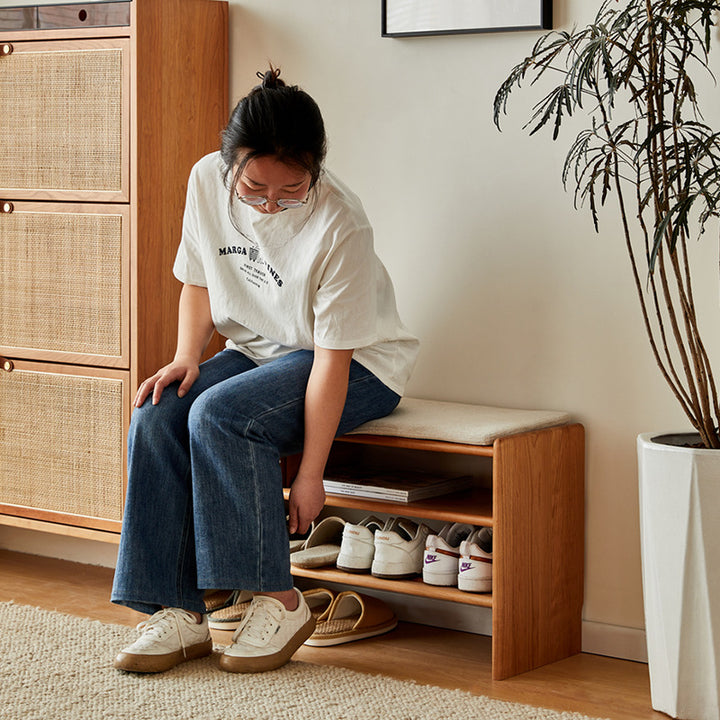 Modern Minimalist Rectangular Linen Cotton Cherry Wood Sponge Versatile Bench Backless Armless For Entryway