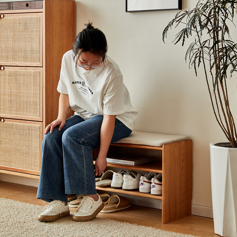 Modern Minimalist Rectangular Linen Cotton Cherry Wood Sponge Versatile Bench Backless Armless For Entryway