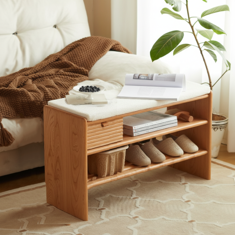 Modern Minimalist Rectangular Linen Cotton Cherry Wood Sponge Versatile Bench Backless Armless For Entryway