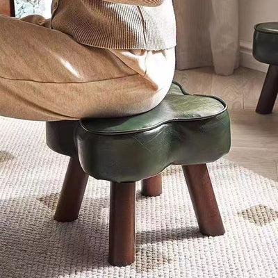 Contemporary Creative Petal Shape Oil-Waxed Leather Solid Wood Sponge Low Stool Backless Armless For Living Room