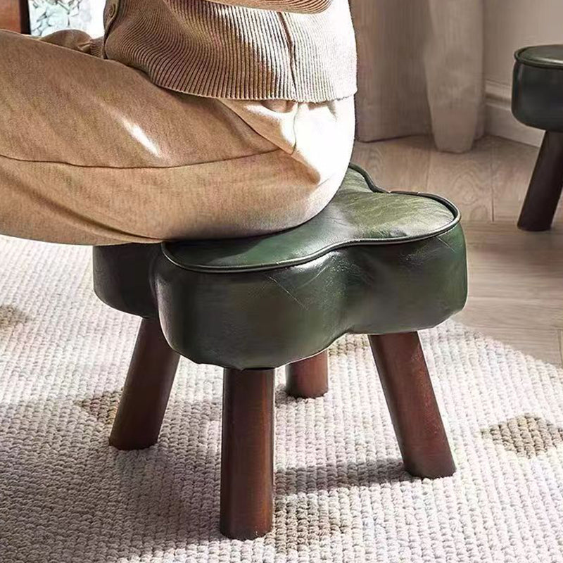 Contemporary Creative Petal Shape Oil-Waxed Leather Solid Wood Sponge Low Stool Backless Armless For Living Room