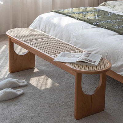 Contemporary Scandinavian Ellipse PE Rattan Weaving Rubberwood Bench Backless Armless For Living Room