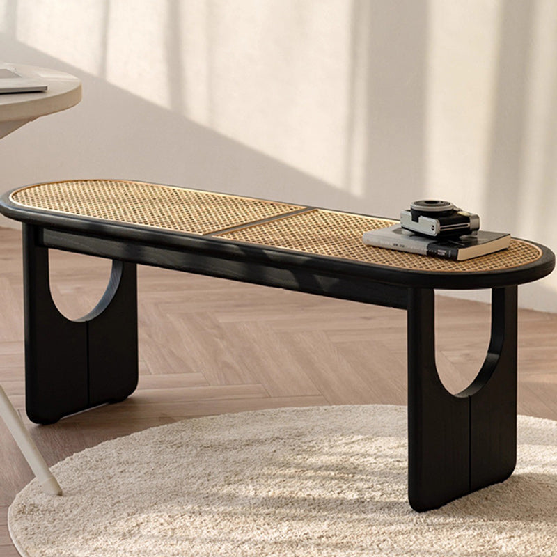 Contemporary Scandinavian Ellipse PE Rattan Weaving Rubberwood Bench Backless Armless For Living Room