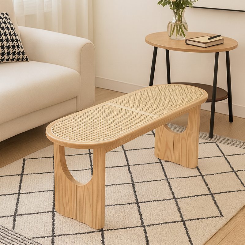 Contemporary Scandinavian Ellipse PE Rattan Weaving Rubberwood Bench Backless Armless For Living Room