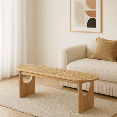 Contemporary Scandinavian Ellipse PE Rattan Weaving Rubberwood Bench Backless Armless For Living Room