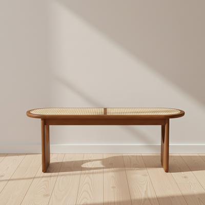 Contemporary Scandinavian Ellipse PE Rattan Weaving Rubberwood Bench Backless Armless For Living Room