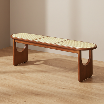 Contemporary Scandinavian Ellipse PE Rattan Weaving Rubberwood Bench Backless Armless For Living Room