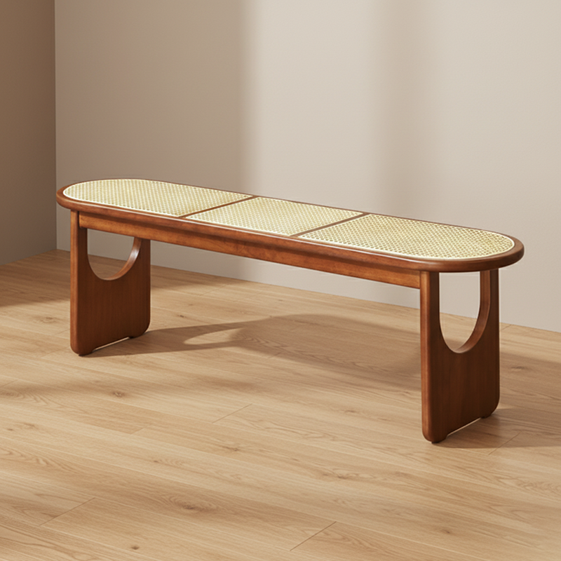 Contemporary Scandinavian Ellipse PE Rattan Weaving Rubberwood Bench Backless Armless For Living Room