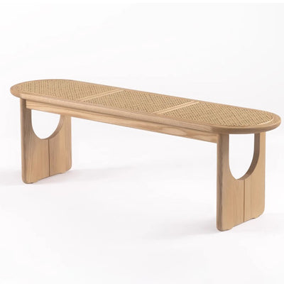 Contemporary Scandinavian Ellipse PE Rattan Weaving Rubberwood Bench Backless Armless For Living Room