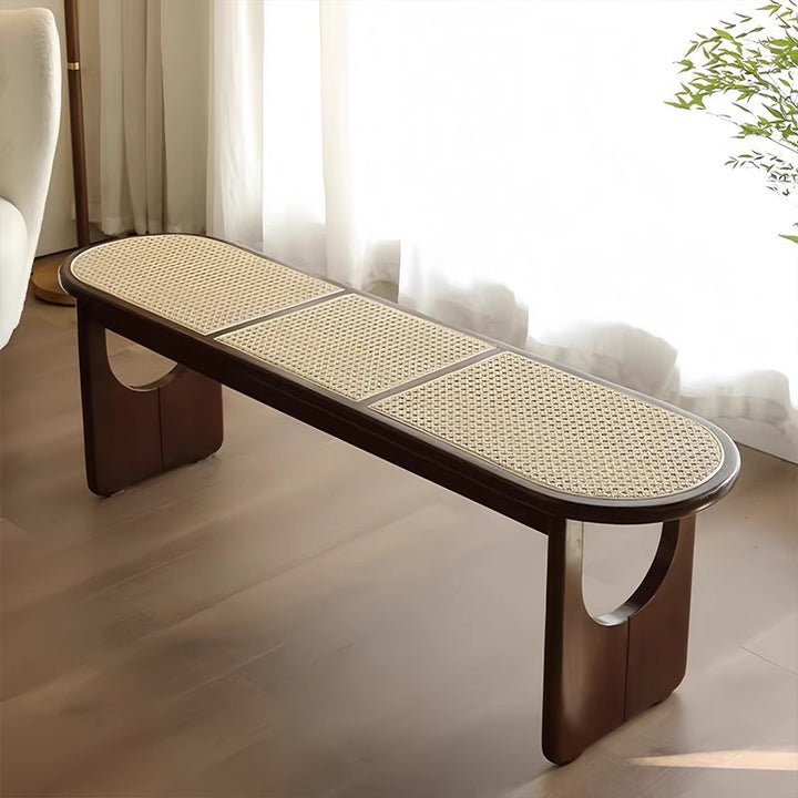 Zeitgenössische skandinavische Ellipse PE Rattanweberei Gummibaumbank ohne Rückenlehne und ohne Armlehnen für das Wohnzimmer 