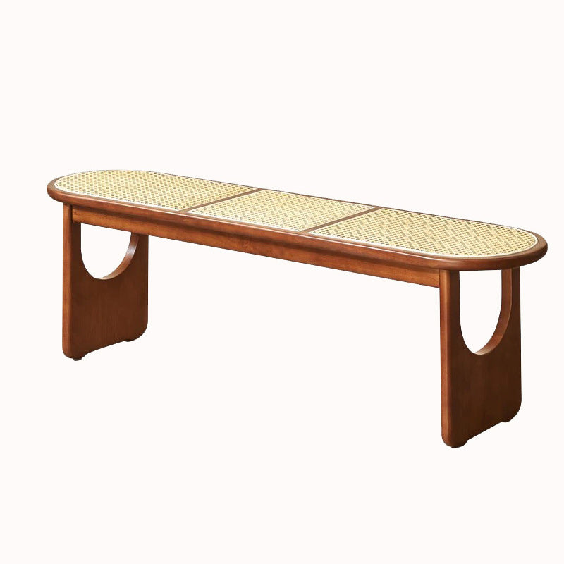 Contemporary Scandinavian Ellipse PE Rattan Weaving Rubberwood Bench Backless Armless For Living Room