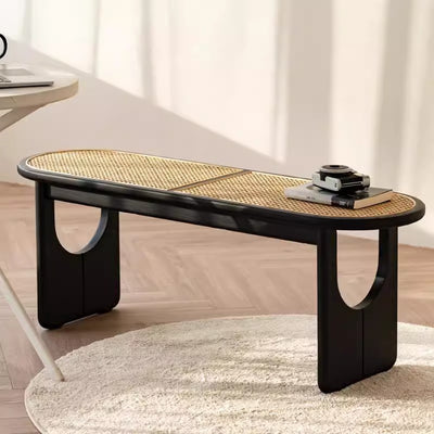 Contemporary Scandinavian Ellipse PE Rattan Weaving Rubberwood Bench Backless Armless For Living Room