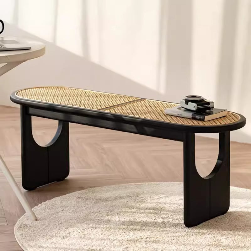 Contemporary Scandinavian Ellipse PE Rattan Weaving Rubberwood Bench Backless Armless For Living Room