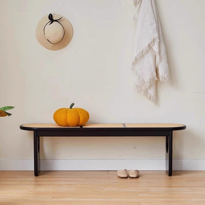 Contemporary Scandinavian Ellipse PE Rattan Weaving Rubberwood Bench Backless Armless For Living Room