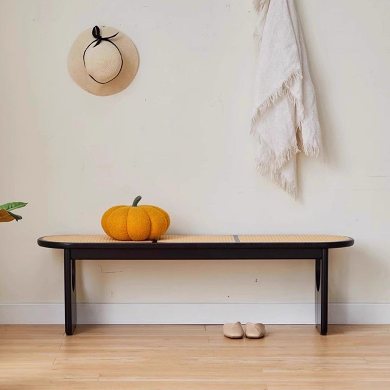 Contemporary Scandinavian Ellipse PE Rattan Weaving Rubberwood Bench Backless Armless For Living Room