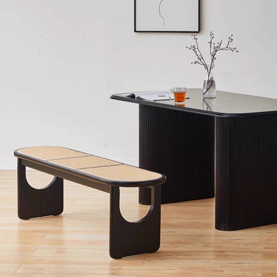Contemporary Scandinavian Ellipse PE Rattan Weaving Rubberwood Bench Backless Armless For Living Room