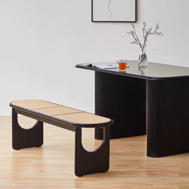 Contemporary Scandinavian Ellipse PE Rattan Weaving Rubberwood Bench Backless Armless For Living Room
