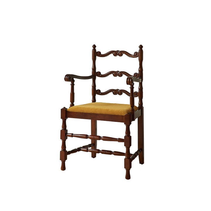 Traditional Vintage Curved Back Velvet Oak Wood Dining Chair Backrest Armrest For Dining Room
