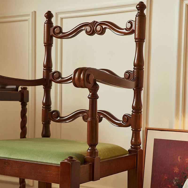 Traditional Vintage Curved Back Velvet Oak Wood Dining Chair Backrest Armrest For Dining Room