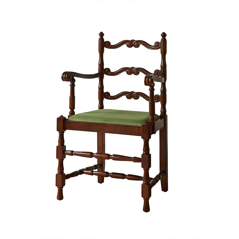 Traditional Vintage Curved Back Velvet Oak Wood Dining Chair Backrest Armrest For Dining Room