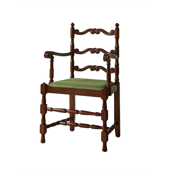 Traditional Vintage Curved Back Velvet Oak Wood Dining Chair Backrest Armrest For Dining Room