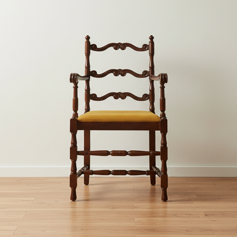 Traditional Vintage Curved Back Velvet Oak Wood Dining Chair Backrest Armrest For Dining Room