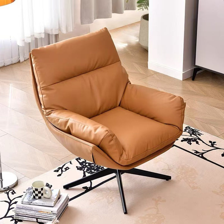 Moderner minimalistischer drehbarer Akzentstuhl mit geschwungener Form aus Kunstleder, Eisen und Schaumstoff mit Rückenlehne und Armlehnen für das Wohnzimmer 