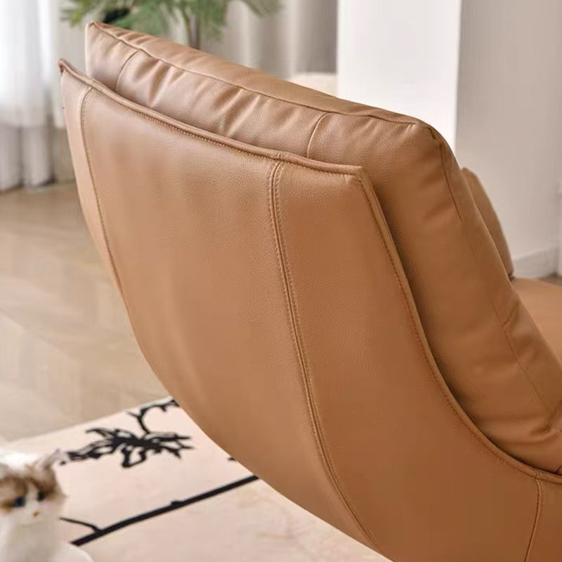 Moderner minimalistischer drehbarer Akzentstuhl mit geschwungener Form aus Kunstleder, Eisen und Schaumstoff mit Rückenlehne und Armlehnen für das Wohnzimmer 