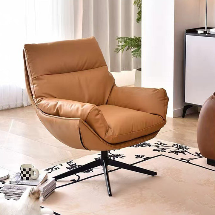 Moderner minimalistischer drehbarer Akzentstuhl mit geschwungener Form aus Kunstleder, Eisen und Schaumstoff mit Rückenlehne und Armlehnen für das Wohnzimmer 