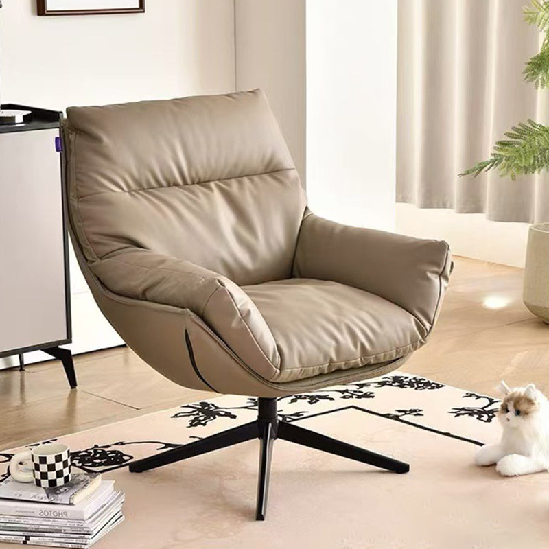 Moderner minimalistischer drehbarer Akzentstuhl mit geschwungener Form aus Kunstleder, Eisen und Schaumstoff mit Rückenlehne und Armlehnen für das Wohnzimmer 
