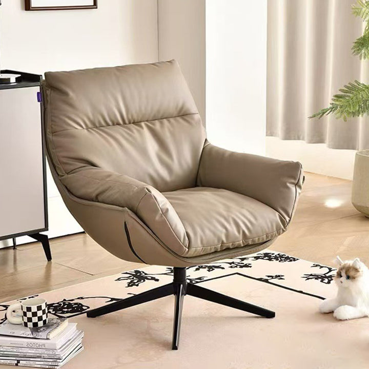Moderner minimalistischer drehbarer Akzentstuhl mit geschwungener Form aus Kunstleder, Eisen und Schaumstoff mit Rückenlehne und Armlehnen für das Wohnzimmer 