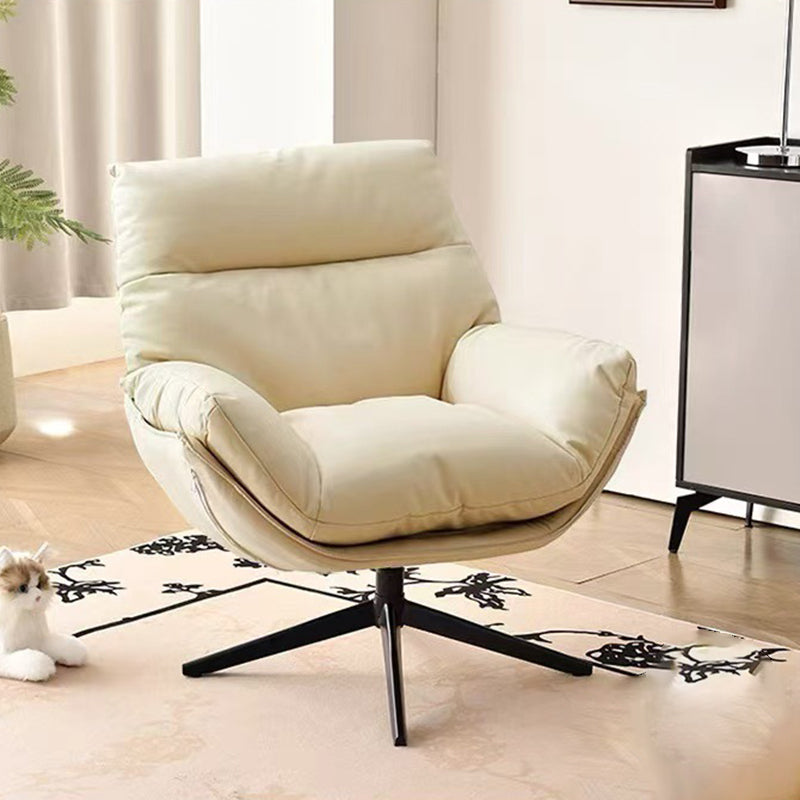 Moderner minimalistischer drehbarer Akzentstuhl mit geschwungener Form aus Kunstleder, Eisen und Schaumstoff mit Rückenlehne und Armlehnen für das Wohnzimmer 