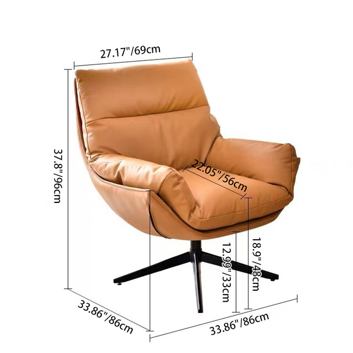 Moderner minimalistischer drehbarer Akzentstuhl mit geschwungener Form aus Kunstleder, Eisen und Schaumstoff mit Rückenlehne und Armlehnen für das Wohnzimmer 
