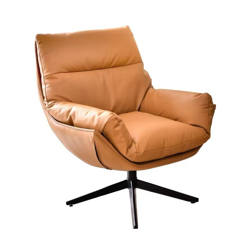 Moderner minimalistischer drehbarer Akzentstuhl mit geschwungener Form aus Kunstleder, Eisen und Schaumstoff mit Rückenlehne und Armlehnen für das Wohnzimmer 