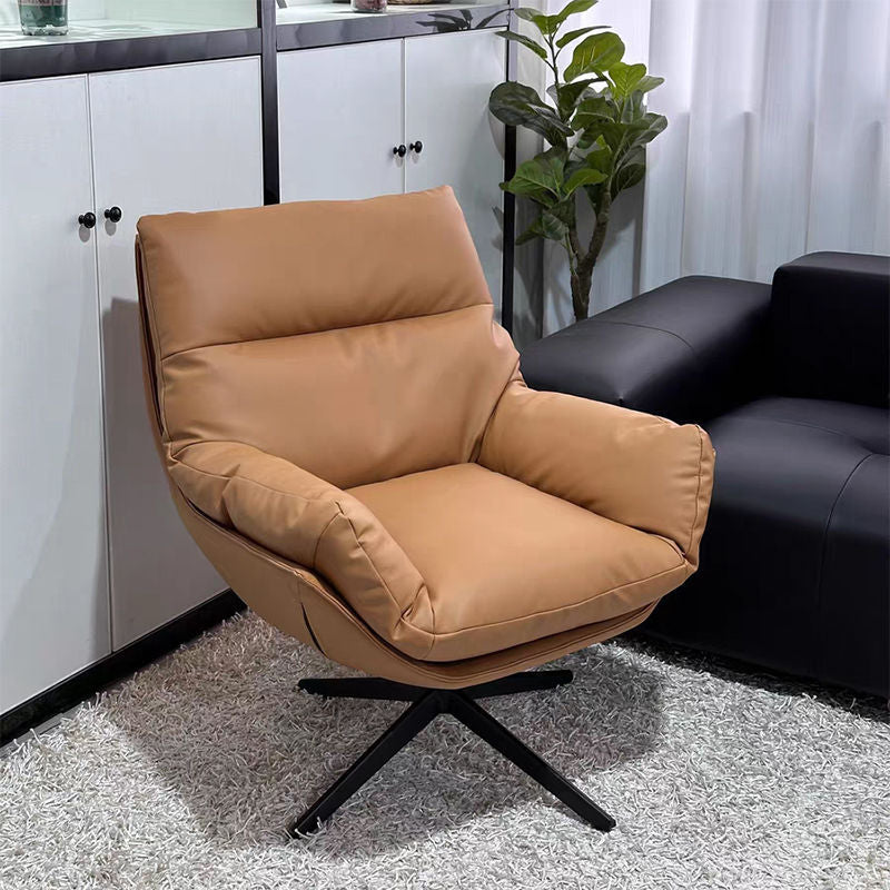 Moderner minimalistischer drehbarer Akzentstuhl mit geschwungener Form aus Kunstleder, Eisen und Schaumstoff mit Rückenlehne und Armlehnen für das Wohnzimmer 