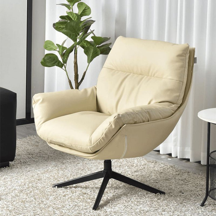 Moderner minimalistischer drehbarer Akzentstuhl mit geschwungener Form aus Kunstleder, Eisen und Schaumstoff mit Rückenlehne und Armlehnen für das Wohnzimmer 