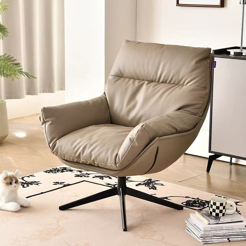 Moderner minimalistischer drehbarer Akzentstuhl mit geschwungener Form aus Kunstleder, Eisen und Schaumstoff mit Rückenlehne und Armlehnen für das Wohnzimmer 