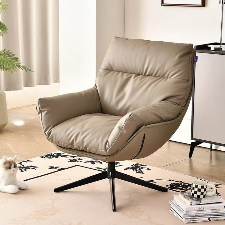 Moderner minimalistischer drehbarer Akzentstuhl mit geschwungener Form aus Kunstleder, Eisen und Schaumstoff mit Rückenlehne und Armlehnen für das Wohnzimmer 