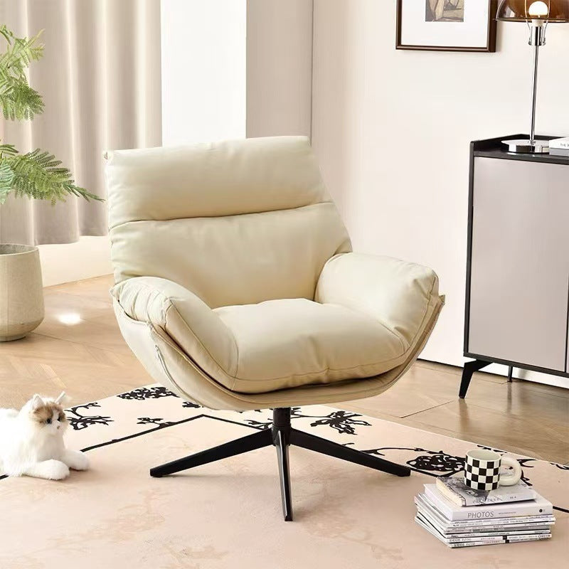 Moderner minimalistischer drehbarer Akzentstuhl mit geschwungener Form aus Kunstleder, Eisen und Schaumstoff mit Rückenlehne und Armlehnen für das Wohnzimmer 