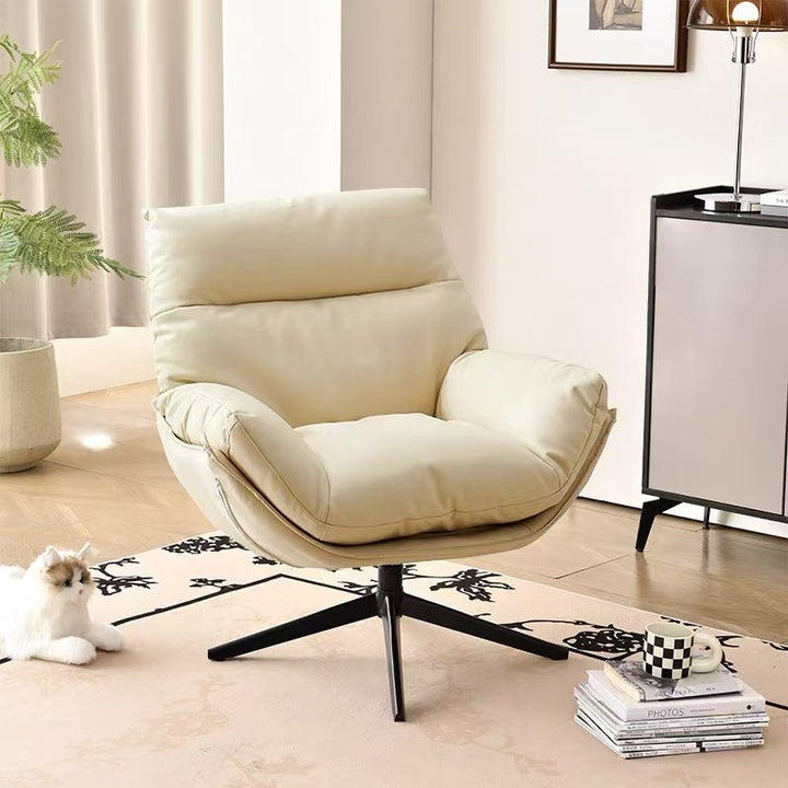 Moderner minimalistischer drehbarer Akzentstuhl mit geschwungener Form aus Kunstleder, Eisen und Schaumstoff mit Rückenlehne und Armlehnen für das Wohnzimmer 