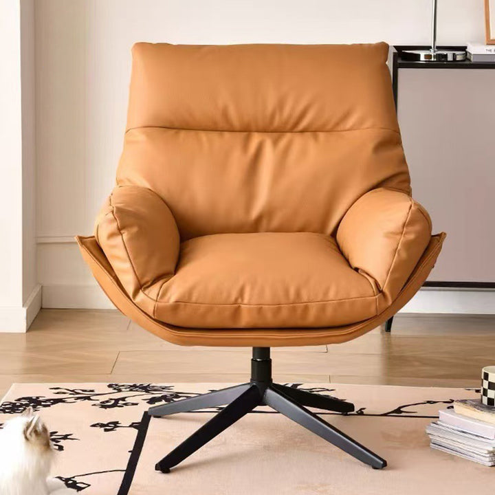 Moderner minimalistischer drehbarer Akzentstuhl mit geschwungener Form aus Kunstleder, Eisen und Schaumstoff mit Rückenlehne und Armlehnen für das Wohnzimmer 