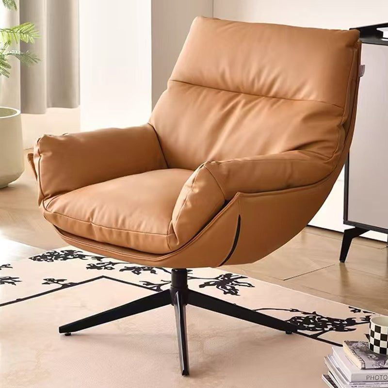 Moderner minimalistischer drehbarer Akzentstuhl mit geschwungener Form aus Kunstleder, Eisen und Schaumstoff mit Rückenlehne und Armlehnen für das Wohnzimmer 