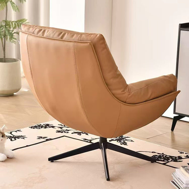 Moderner minimalistischer drehbarer Akzentstuhl mit geschwungener Form aus Kunstleder, Eisen und Schaumstoff mit Rückenlehne und Armlehnen für das Wohnzimmer 