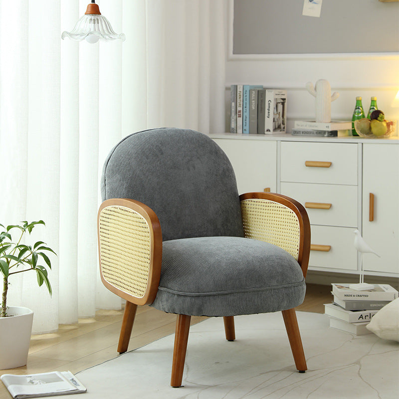 Moderner minimalistischer Akzentstuhl aus gebogenem Cord, Massivholz, Kunststoff, Gummibaum, Schwamm, Kunststoffgeflecht mit Rückenlehne und Armlehne für das Wohnzimmer 