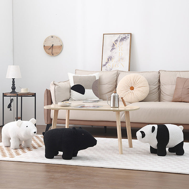 Moderner kreativer Kinderhocker in Bärenform aus Teddyfleece, Sperrholz und Kiefernholz, niedrig, ohne Rückenlehne und Armlehnen, für das Wohnzimmer 