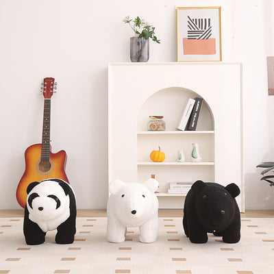 Contemporary Creative Kids Bear Shape Teddy Fleece Solid Wood Multi-layer Board Pine Wood Low Stool Backless Armless For Living Room
