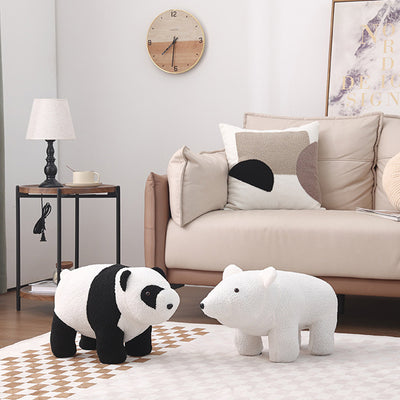 Contemporary Creative Kids Bear Shape Teddy Fleece Solid Wood Multi-layer Board Pine Wood Low Stool Backless Armless For Living Room