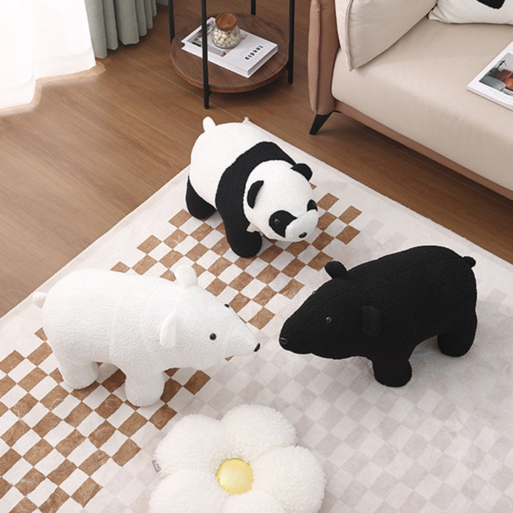 Moderner kreativer Kinderhocker in Bärenform aus Teddyfleece, Sperrholz und Kiefernholz, niedrig, ohne Rückenlehne und Armlehnen, für das Wohnzimmer 